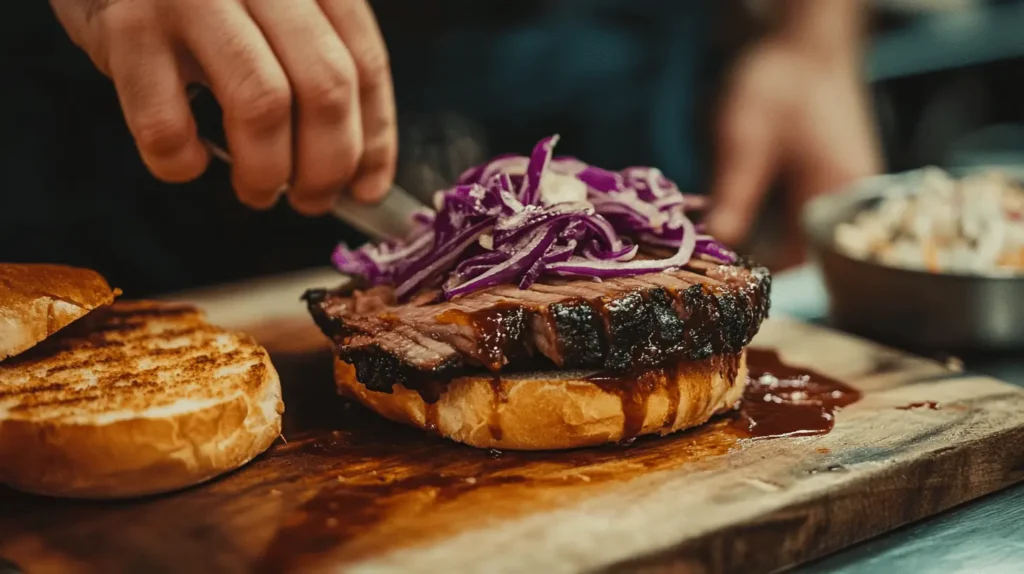 Brisket sandwich assembly: layering brisket and toppings on a toasted brioche bun, with BBQ sauce being drizzled over the meat.