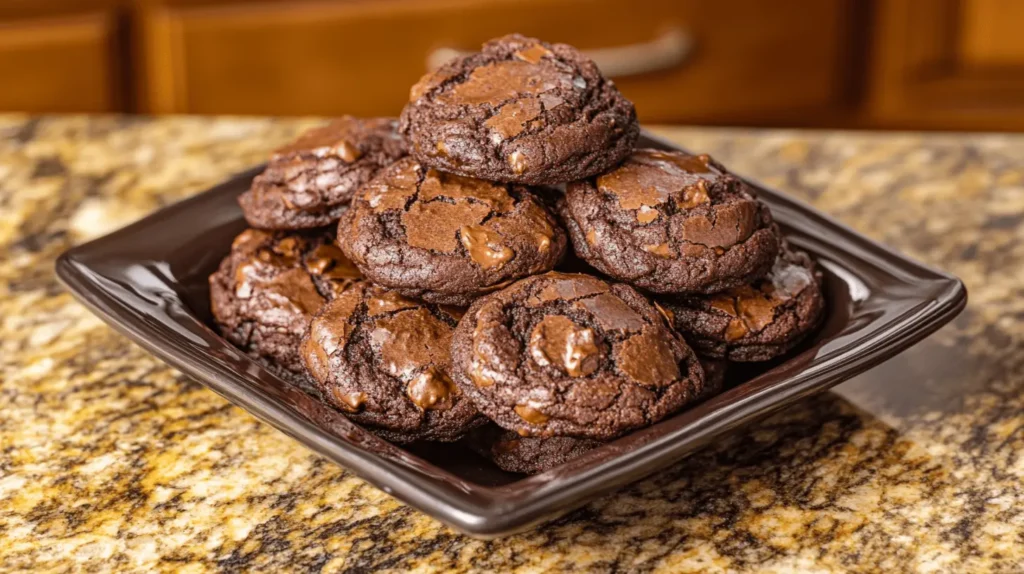 A black plate stacked high with chocolate-filled brownie mix cookies on a granite countertop.