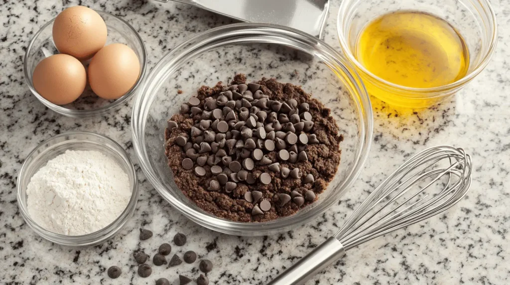 Ingredients for brownie mix cookies, including eggs, oil, flour, chocolate chips, and brownie mix in bowls, laid out on a granite countertop.