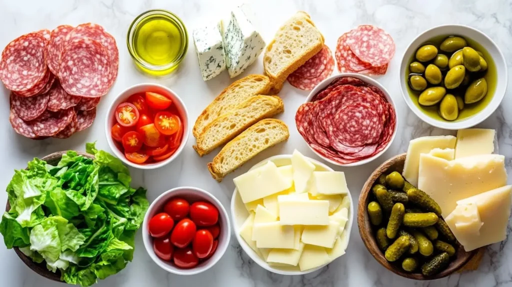 Ingredients for ciabatta sandwich, including ciabatta bread, deli meats, cheese, fresh veggies, and sauces arranged neatly on a marble countertop.