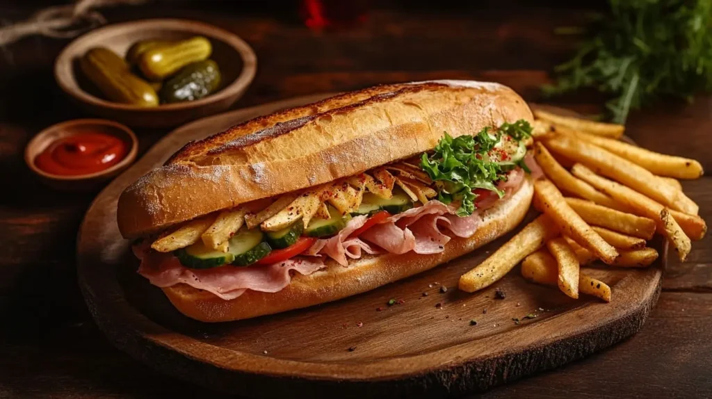 Ciabatta sandwich served on a rustic wooden plate with a side of crispy fries, pickles, and a dipping sauce