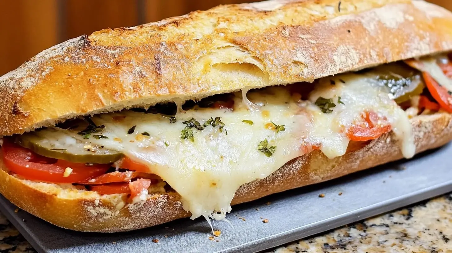 ciabatta sandwich served on a plate on a marbel countertop