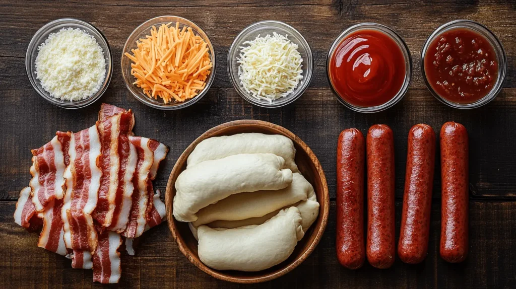 Fresh ingredients for crescent roll hot dogs, including crescent roll dough, hot dogs, cheese, bacon, and seasonings arranged on a wooden countertop