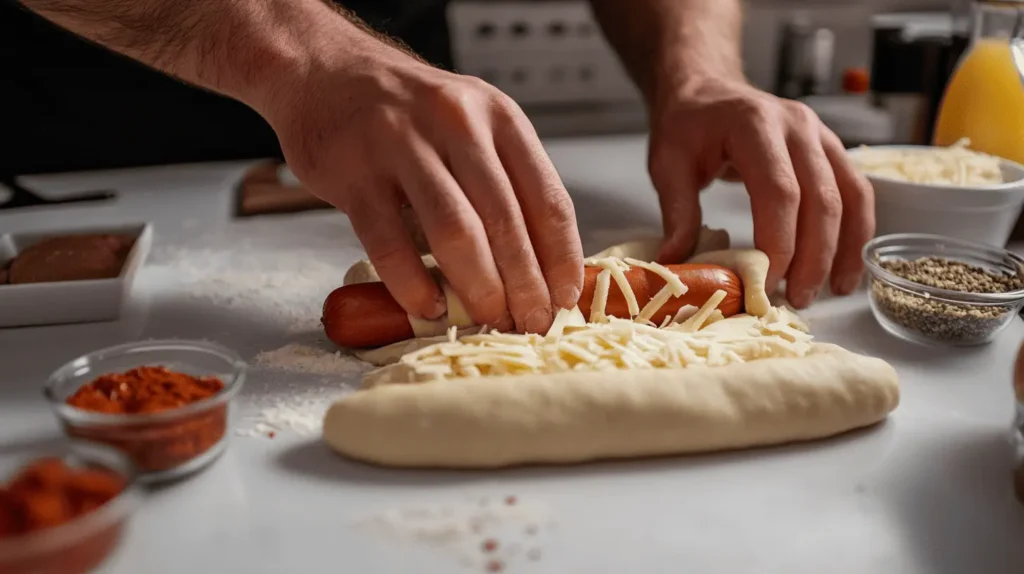 Step-by-step process of rolling hot dogs in crescent roll dough on a clean kitchen surface.