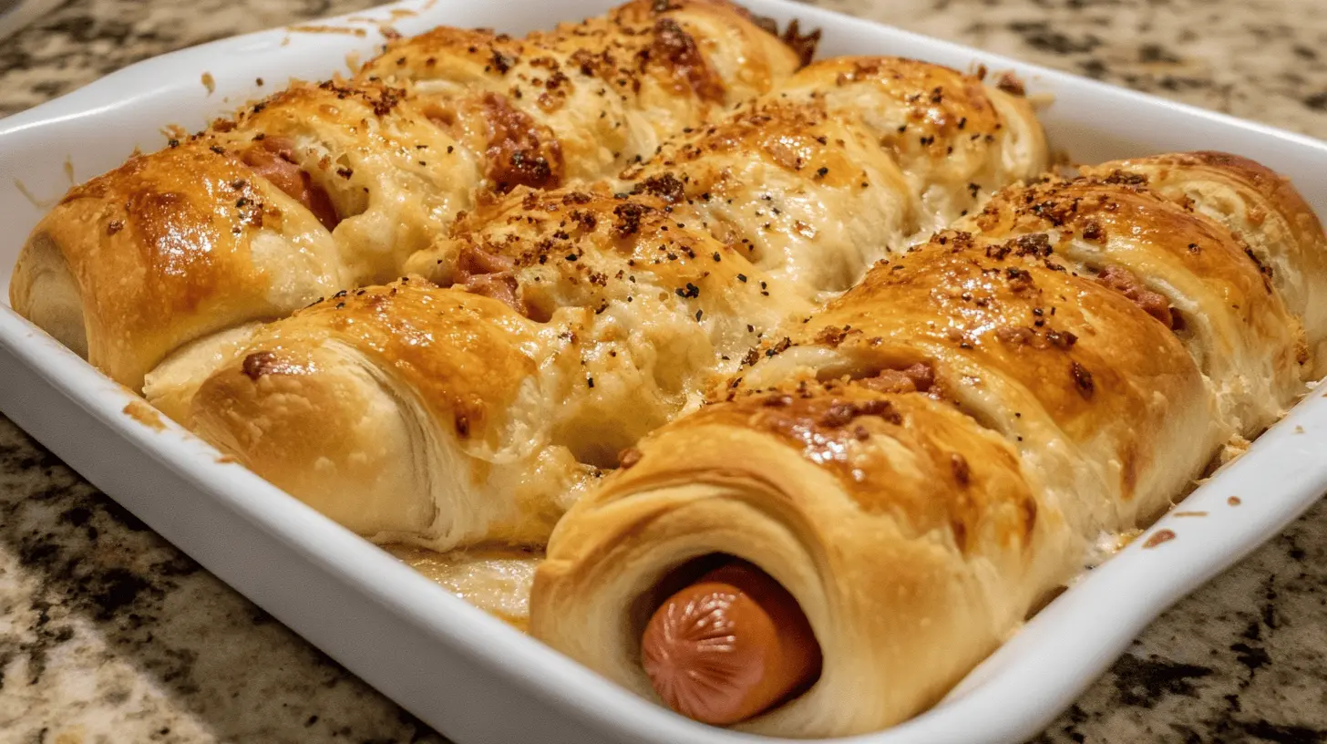 crescent roll hot dogs served on a marbel countertop