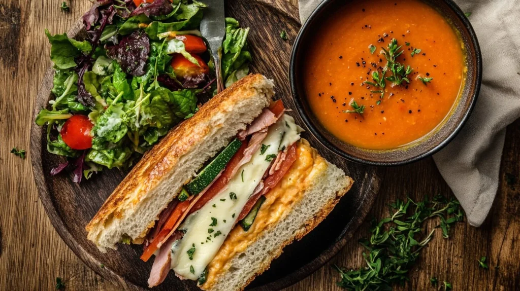 Focaccia sandwich served with a side of tomato soup and a fresh garden salad on a rustic wooden table.