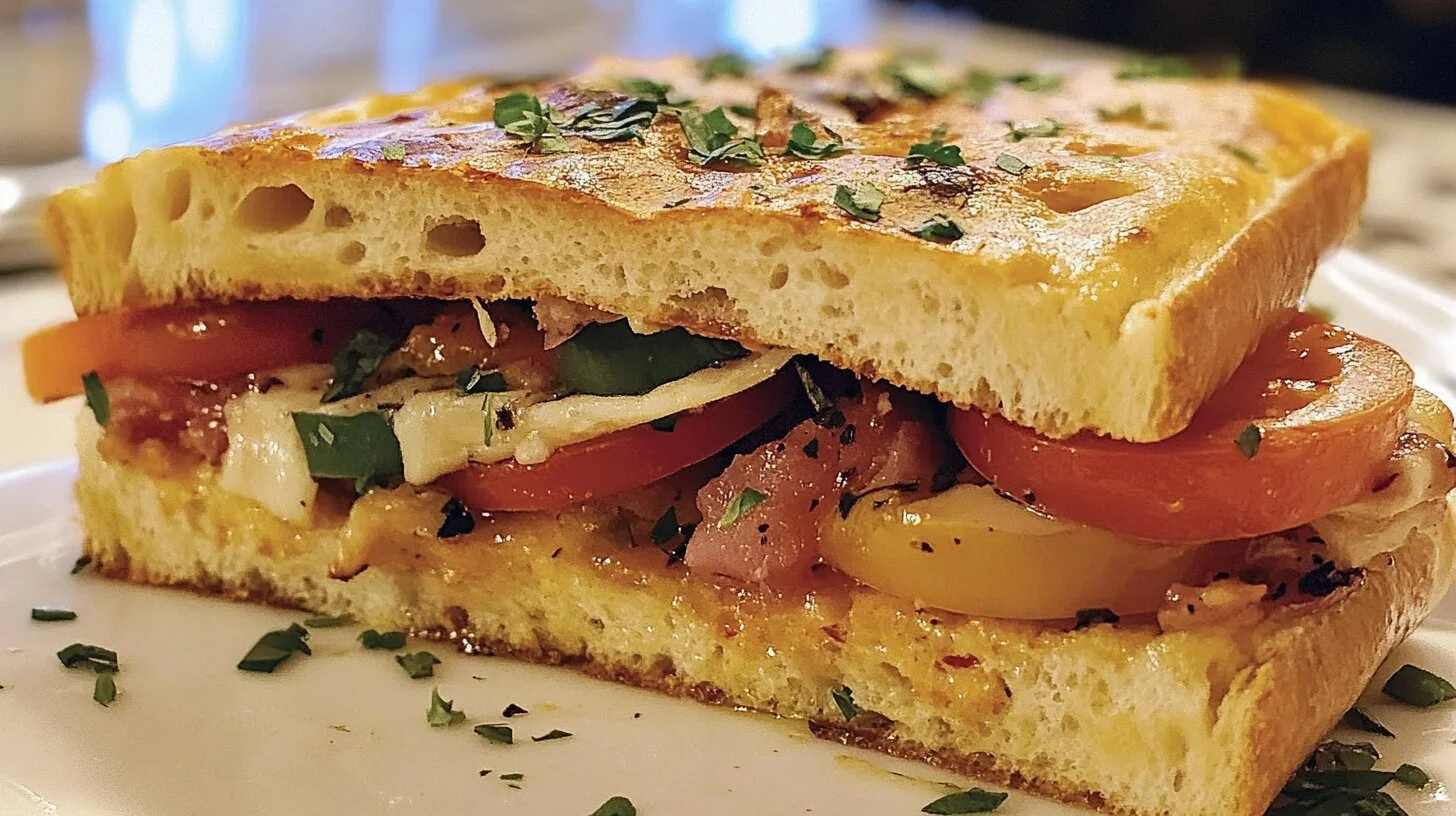 A beautifully arranged focaccia sandwich with fresh vegetables, sliced meats, and cheese on a wooden board, served with a small bowl of olive oil.