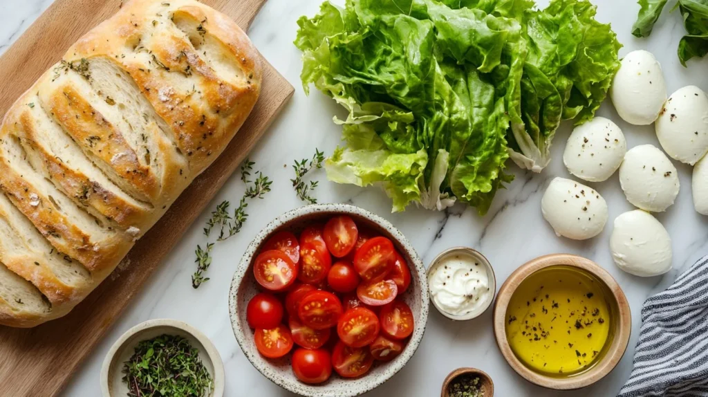 Ingredients for a focaccia sandwich, including bread, tomatoes, lettuce, cheese, olive oil, and deli meats arranged on a marble countertop.