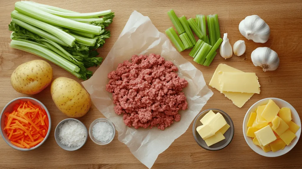 Flat lay of ingredients for Hamburger Potato Soup, including ground beef, potatoes, onions, carrots, celery, and seasonings, arranged neatly on a kitchen countertop.