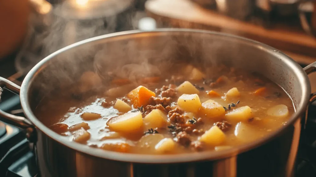 A large pot on the stove filled with simmering ground beef, diced potatoes, and broth, with steam rising.