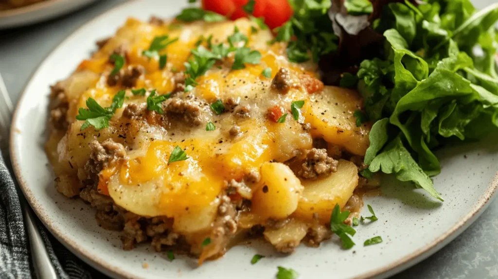 A serving of hobo casserole on a white plate, garnished with fresh parsley and served alongside a green salad.