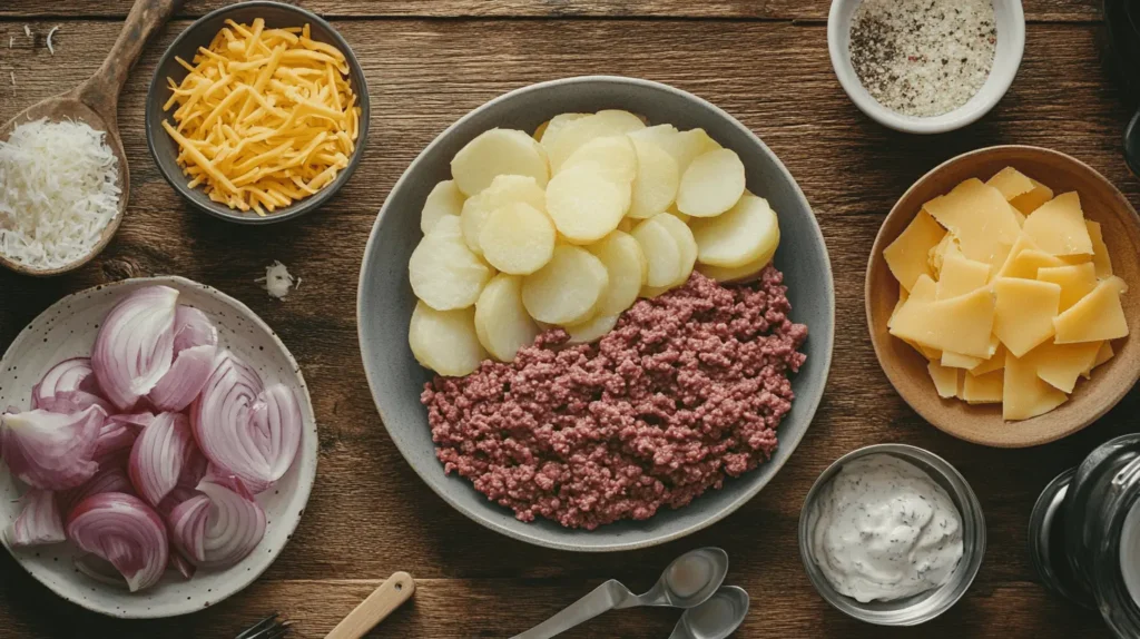 Fresh ingredients for hobo casserole: ground beef, potatoes, cheese, onions, and spices arranged on a wooden countertop.