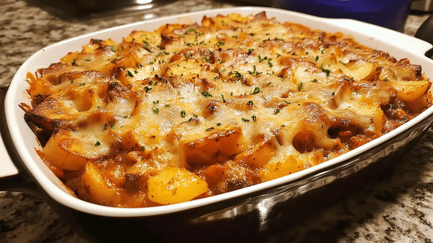 Freshly baked hobo casserole in a baking dish, placed on a marble countertop, with golden melted cheese on top