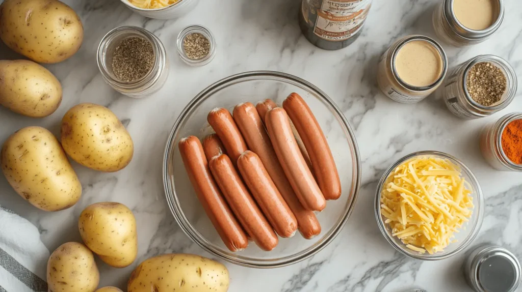 Ingredients for hot dog casserole, including sliced hot dogs, shredded cheese, potatoes, cream of mushroom soup, and spices, arranged on a countertop.