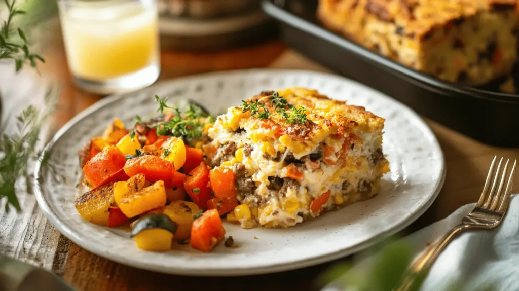 A serving of hot dog casserole on a plate with roasted vegetables and a slice of cornbread.