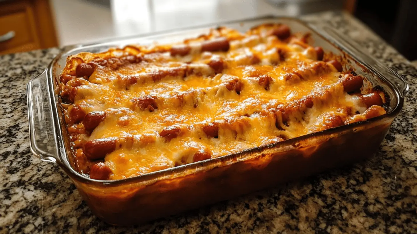 Hot dog casserole in a baking dish placed on a marble countertop, topped with golden melted cheese.