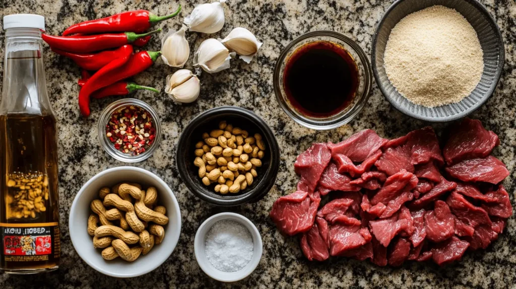 Ingredients for Kung Pao Beef recipe neatly arranged, including thinly sliced beef, soy sauce, dried chilies, bell peppers, peanuts, garlic, and sesame oil.