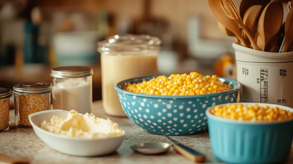 Ingredients for Paula Deen corn casserole arranged on a kitchen counter.