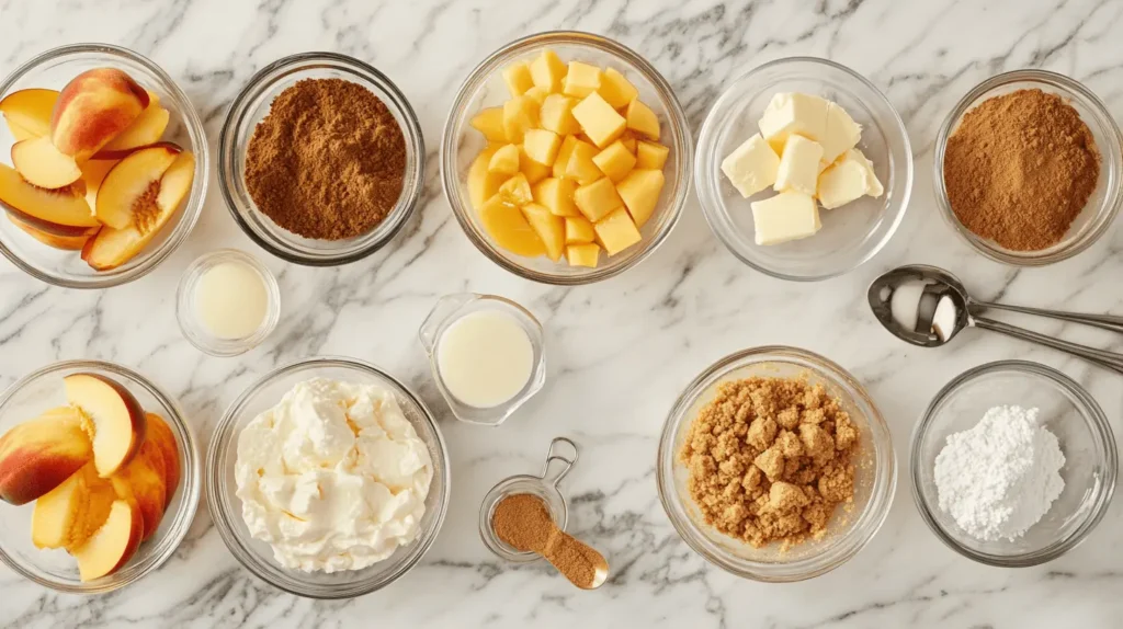 Ingredients for peach cobbler cheesecake arranged neatly, including cream cheese, peaches, graham crackers, cinnamon, and brown sugar.