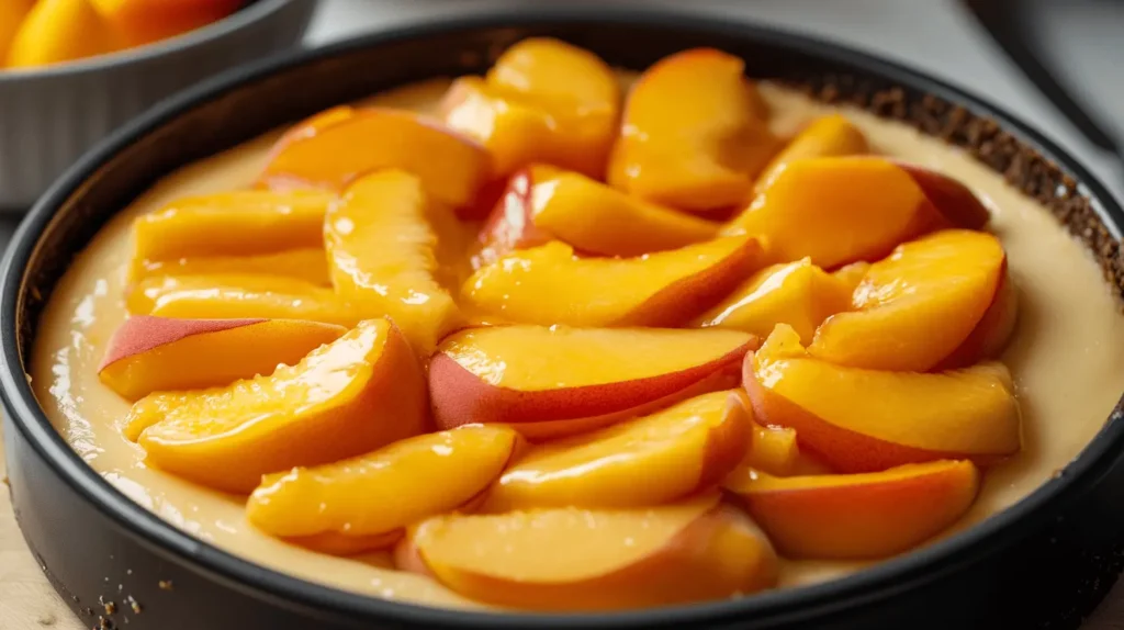 Layering peach cobbler cheesecake with graham cracker crust, creamy filling, and peach topping in a springform pan.