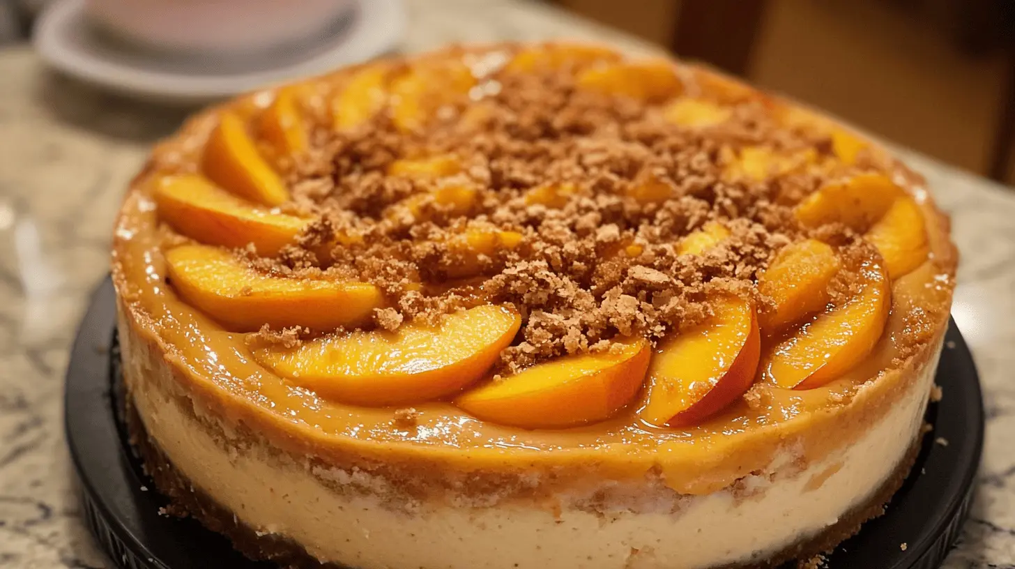 peach cobbler cheesecake serverd on a marbel coutertop