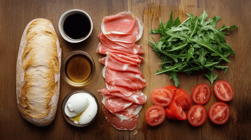 Fresh ingredients for a prosciutto sandwich, including thinly sliced prosciutto, crusty bread, mozzarella, arugula,  Tomato slices, olive oil, and balsamic glaze.