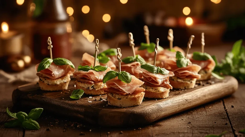 Mini prosciutto sandwiches served on a wooden platter, garnished with toothpicks and fresh basil, perfect for a party snack.