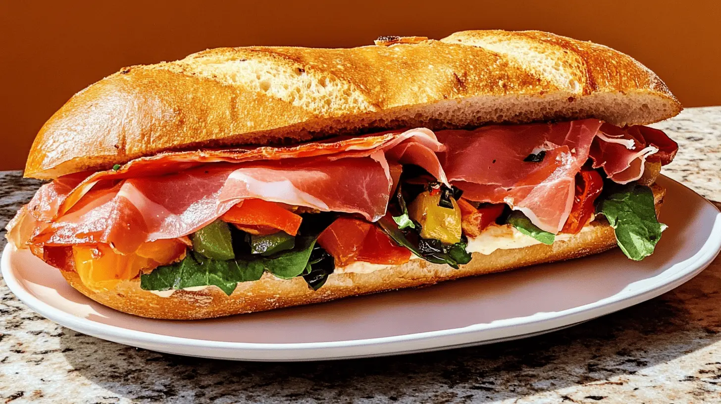 A fresh prosciutto sandwich on crusty bread, filled with thinly sliced prosciutto, arugula, roasted peppers, and tomatoes, served on a white plate on a granite countertop.