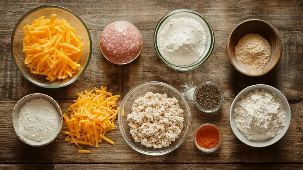 Ingredients for sausage balls without Bisquick, including ground sausage, shredded cheese, flour, and spices on a wooden kitchen counter.