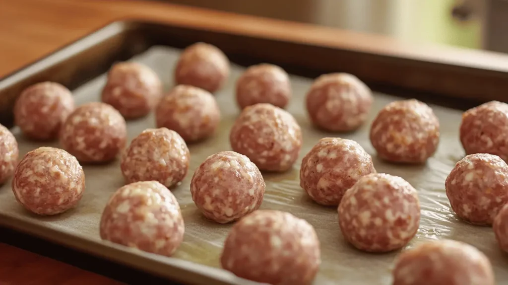 Unbaked sausage balls on a parchment-lined baking sheet, ready to go into the oven.