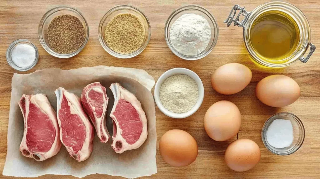 Flat lay of ingredients for Shake and Bake Pork Chops, including pork chops, breadcrumbs, flour, olive oil, and seasonings arranged neatly on a kitchen counter.