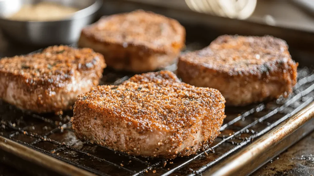 Breaded pork chops on a wire rack over a baking sheet, ready to go into the oven.