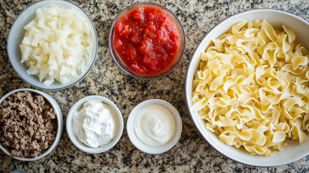 Ingredients for Amish country casserole laid out on a granite countertop. Includes cooked egg noodles, diced potatoes, browned ground beef, sour cream, cream of mushroom soup, and a bowl of diced tomatoes.