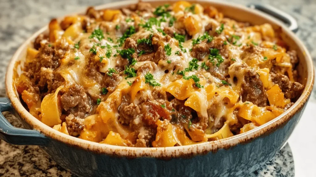 A freshly baked Amish country casserole in a blue ceramic baking dish, showcasing layers of browned beef, noodles, melted cheese, and garnished with chopped parsley.