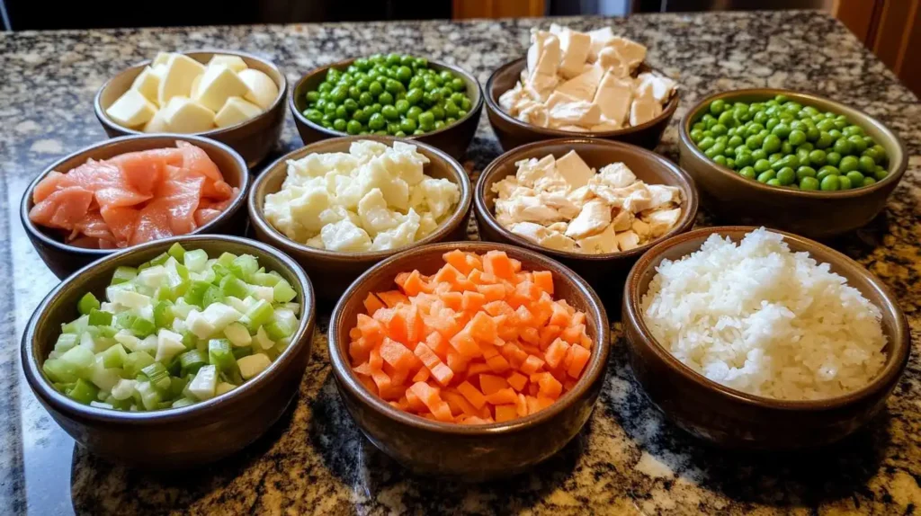 Raw ingredients for Benihana Chicken Fried Rice neatly arranged in individual brown bowls on a polished granite countertop. The ingredients include diced raw chicken breast, cold day-old jasmine rice, chopped green onions, diced carrots, green peas, and tofu, prepared for cooking.