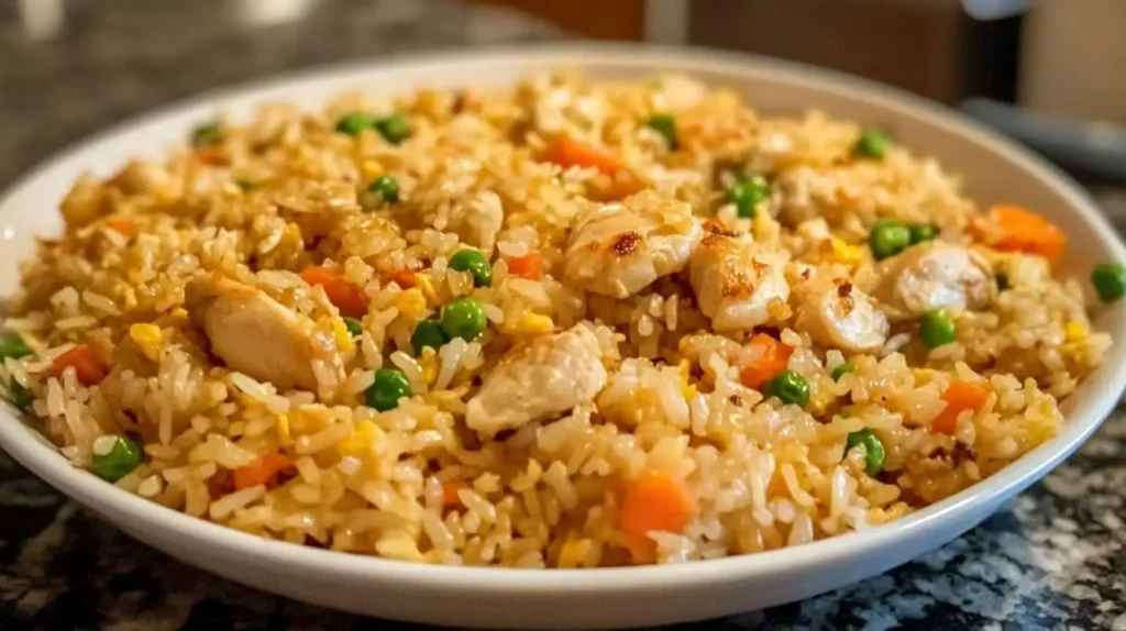 A plate of homemade Benihana Chicken Fried Rice served on a white ceramic dish, featuring golden-brown stir-fried rice, diced chicken, scrambled eggs, green peas, and carrots.