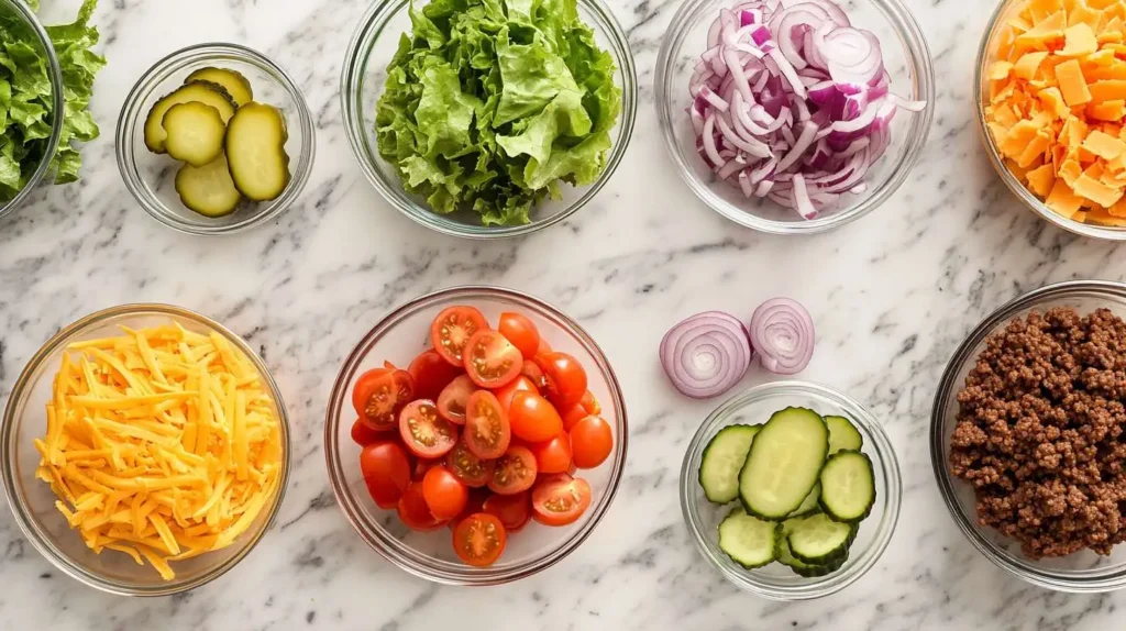 Separate glass bowls filled with ingredients for a burger bowl, including lettuce, pickles, cherry tomatoes, cheddar cheese, red onions, and ground beef.