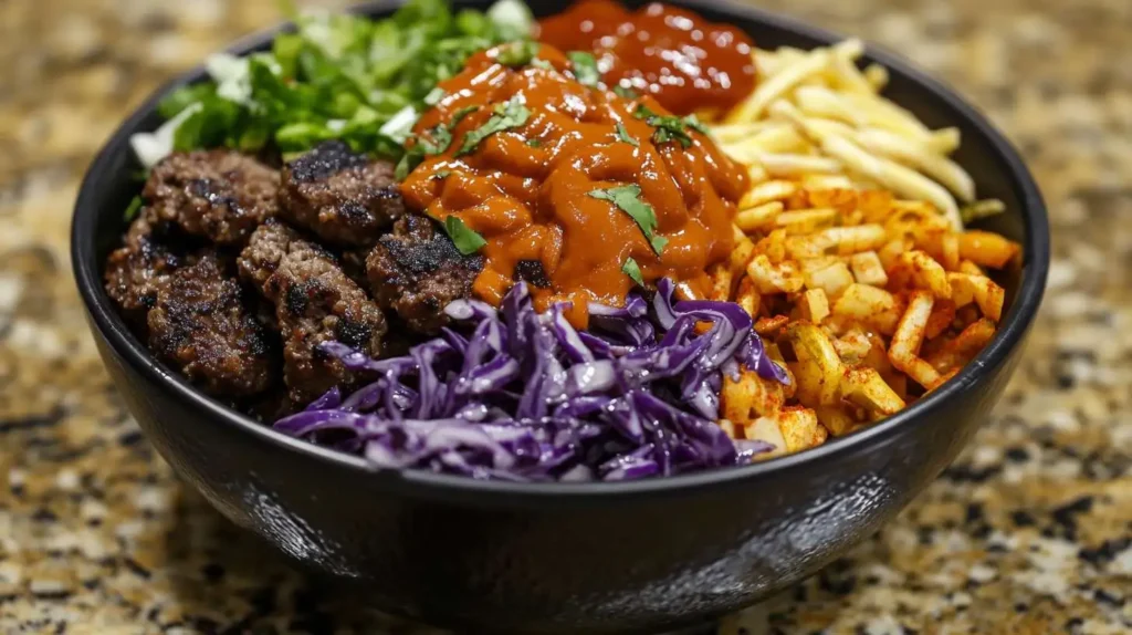 A burger bowl featuring mini grilled beef patties, shredded red cabbage, spicy sauce, and crispy fries, all served in a black bowl.