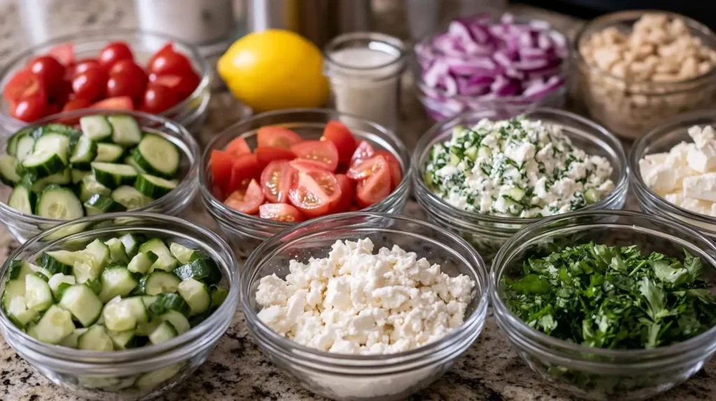 Individual ingredients for a chicken gyro bowl, including diced cucumbers, cherry tomatoes, feta cheese, red onions, and fresh parsley in small bowls.