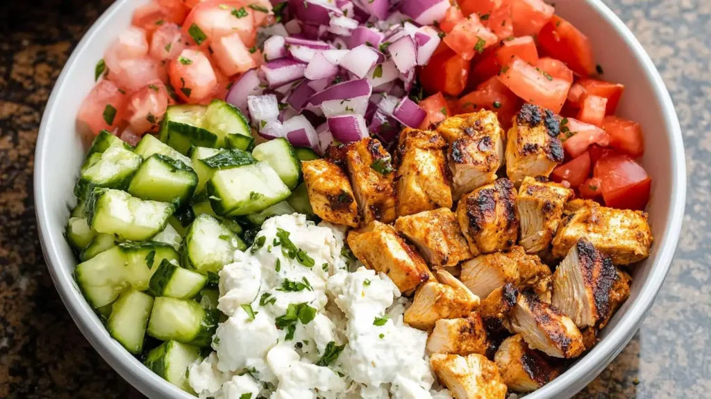 A close-up of a chicken gyro bowl with grilled chicken, diced cucumbers, red onions, cherry tomatoes, and tzatziki sauce over rice.