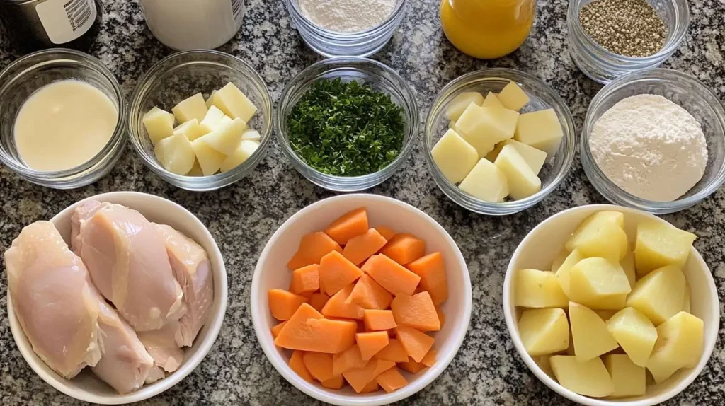 Raw ingredients for chicken potato soup arranged in separate bowls, including raw chicken, diced potatoes, chopped carrots, fresh parsley, flour, heavy cream, and seasonings on a granite countertop.