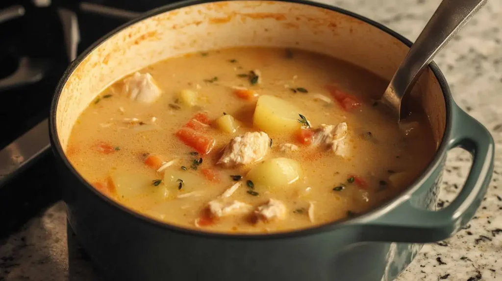 A large pot of homemade chicken potato soup simmering on the stove, with tender chicken pieces, potatoes, and carrots in a creamy broth.