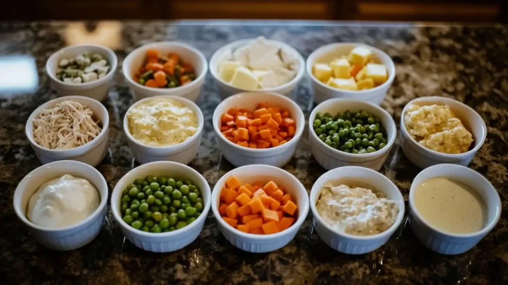 Raw ingredients for Chicken and Dumpling Casserole arranged in separate bowls on a granite countertop, including shredded chicken, chicken broth, cream of chicken soup, milk, melted butter, flour, baking powder, salt, pepper, garlic powder, and frozen mixed vegetables.