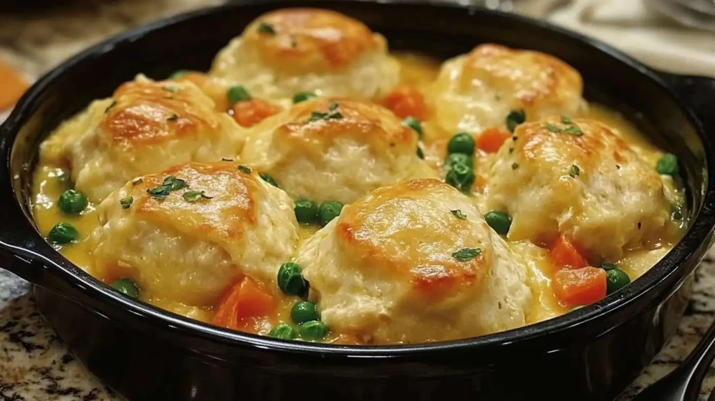 Freshly baked Chicken and Dumpling Casserole in a cast iron skillet, with golden-brown dumplings, creamy sauce, and vibrant peas and carrots.