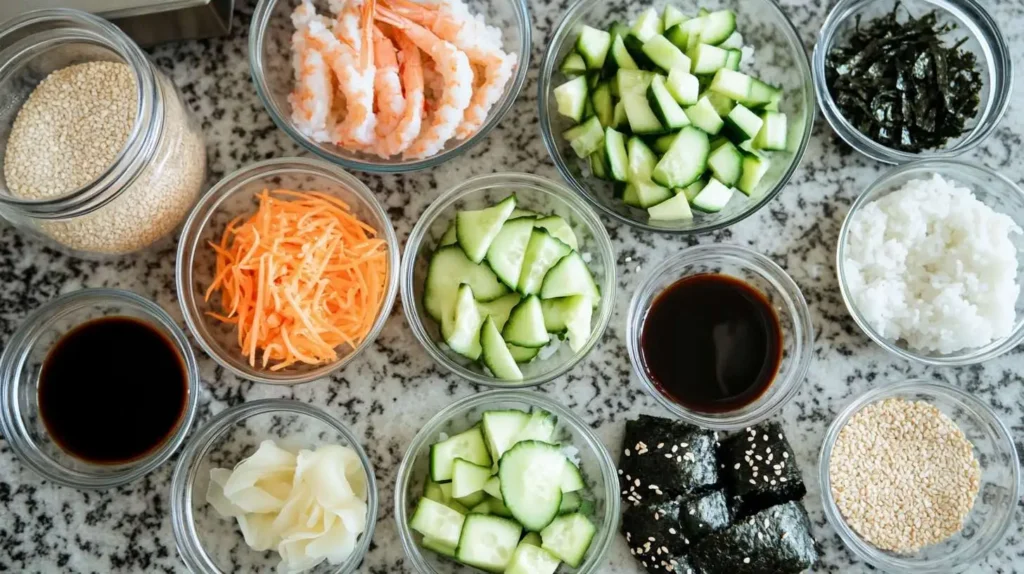 Individual ingredients for dragon roll sushi arranged in glass bowls on a granite countertop, including sushi rice, julienned cucumber, sliced avocado, cooked shrimp, shredded carrots, sesame seeds, and nori sheets.