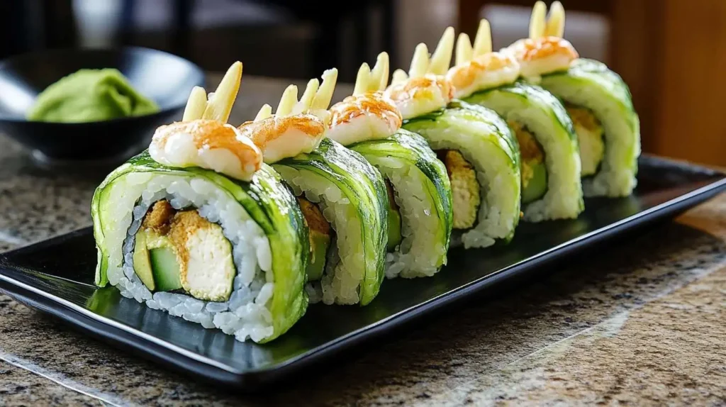 Dragon roll sushi plated on a black rectangular dish, topped with cucumber slices and drizzled with spicy mayo, served with wasabi in the background.