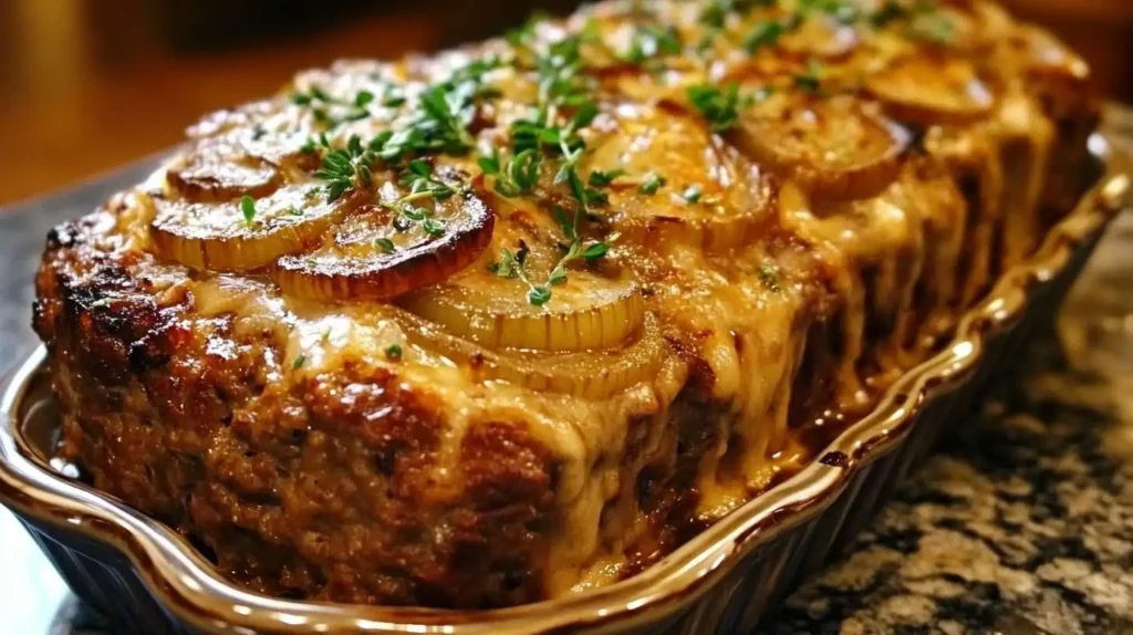 French onion meatloaf topped with caramelized onions and fresh thyme in a decorative baking dish.