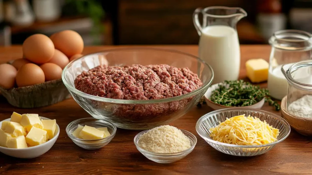 French onion meatloaf ingredients neatly arranged, including ground beef, eggs, breadcrumbs, shredded cheese, and fresh thyme.