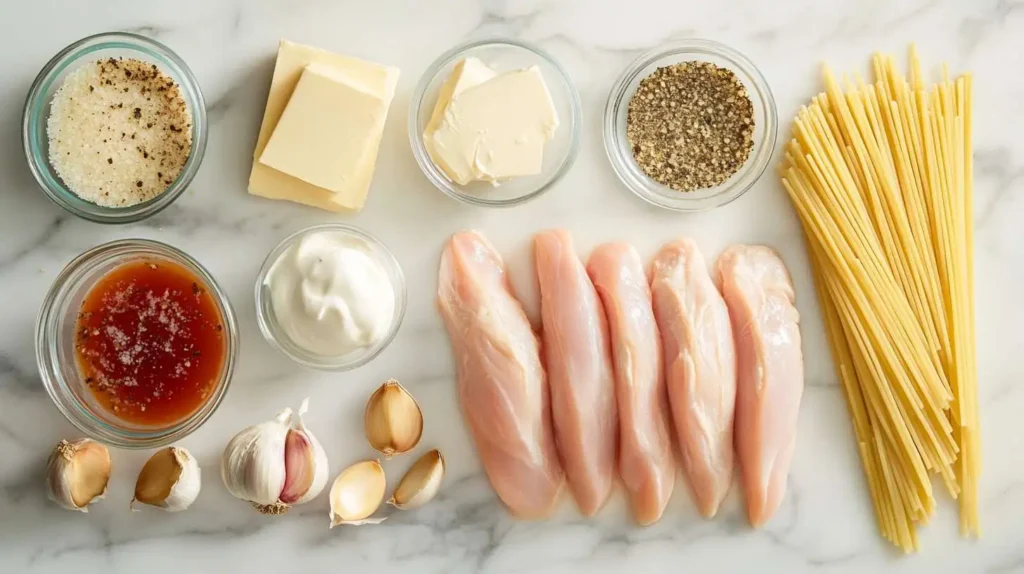 Individually arranged ingredients for Garlic Parmesan Chicken Pasta, including chicken breasts, pasta, garlic cloves, butter, heavy cream, and parmesan cheese.