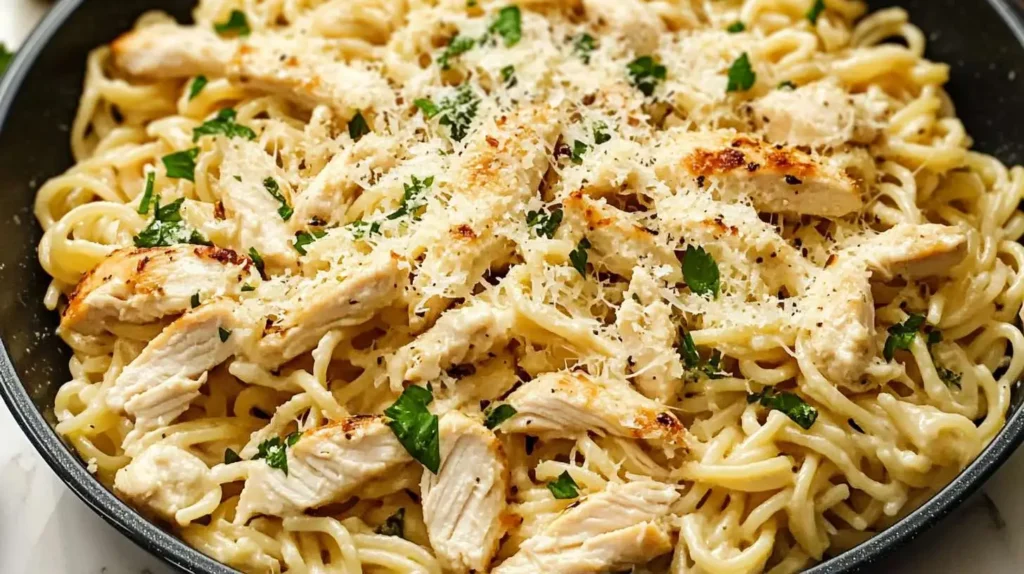 Garlic Parmesan Chicken Pasta served in a skillet, creamy pasta topped with shredded chicken, parmesan, and fresh parsley.